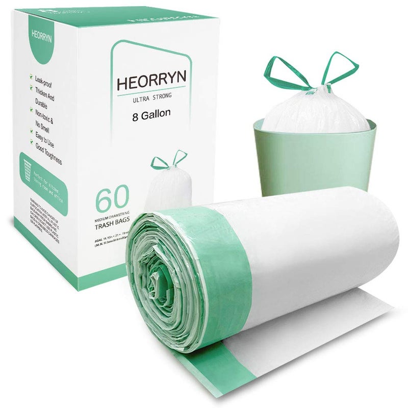 HEORRYN 8 Gallon Drawstring Trash Bags-0.79 Mil Ultra Strong Medium Trash Can Liners for Kitchen/Office, Unscented White Garbage Bags, 60 Count - Image 1